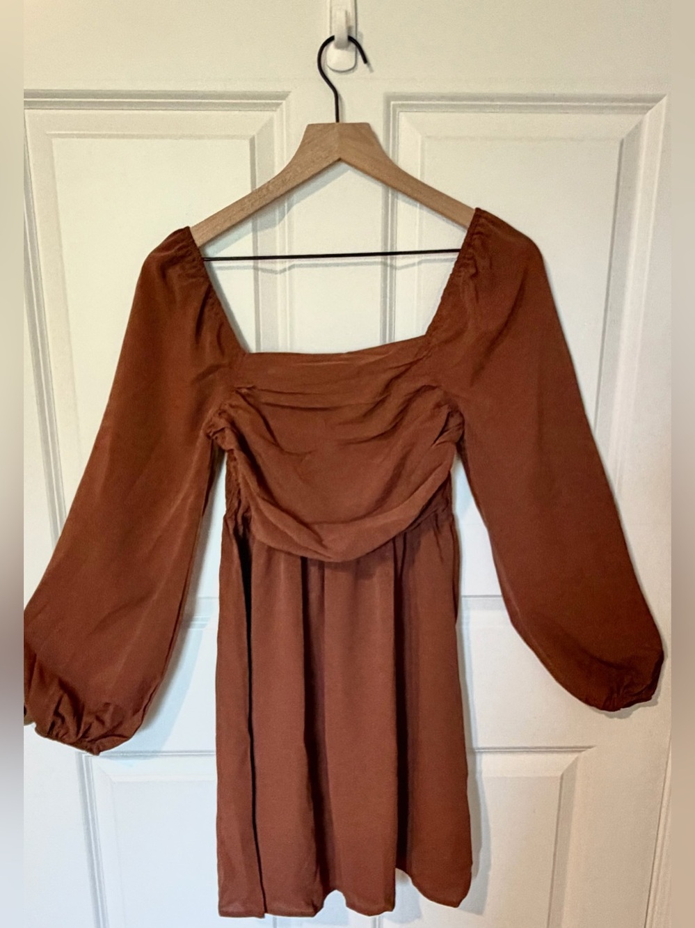 NWOT Ruched Square Neck Long Balloon Sleeve A Line Short Dress Rust Brown
